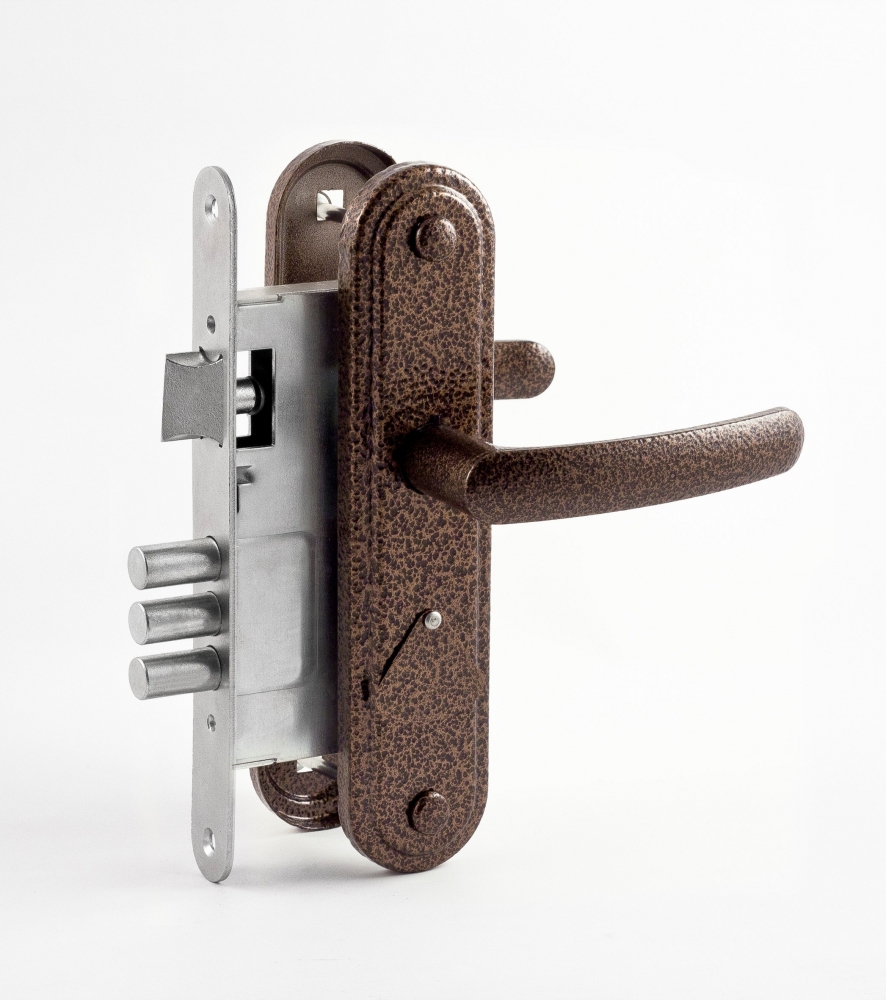 Фото Замок врезной сувальдный с защёлкой в комплекте с ручкой ЗВ9.1-02 (бронза), 3 кл.